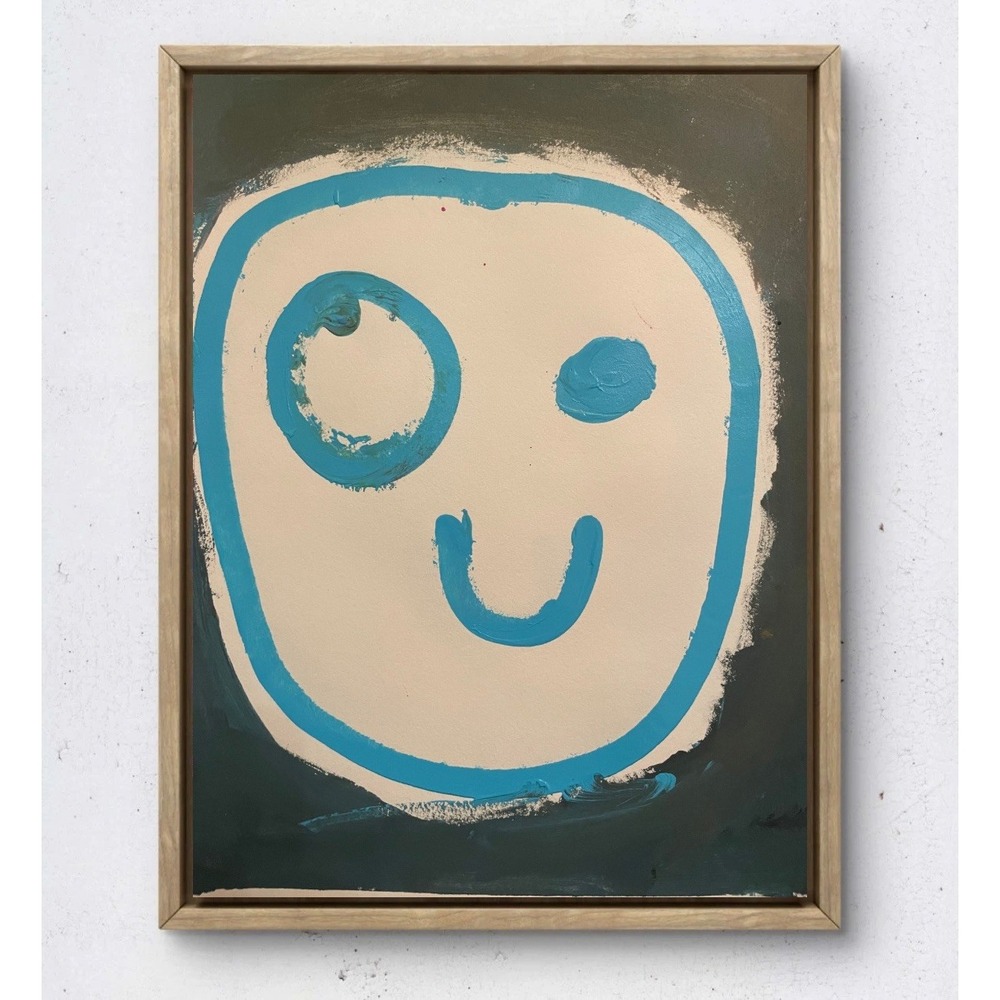 Pop Art Smiley Face Original Painting 11x14 Mixed Media Blue Teal Abstract Decor